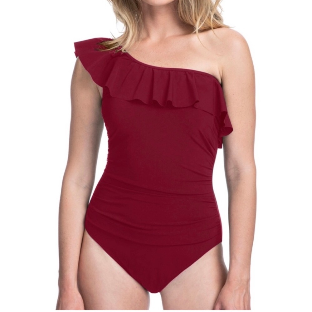 NWT $118 PROFILE GOTTEX US 6 MERLOT ONE SHOULDER RUFFLE SWIMSUIT
